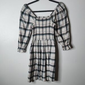 Madewell Lucie Elbow-Sleeve Smocked Mini Dress in Lebaum Plaid, XS